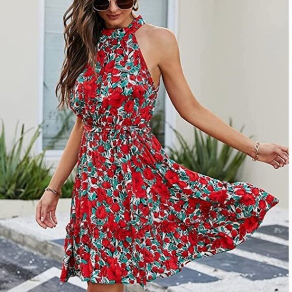 Women's Sleeveless Halter Backless Floral Print Ruffle Mini Short Dress, Small - Picture 3 of 9